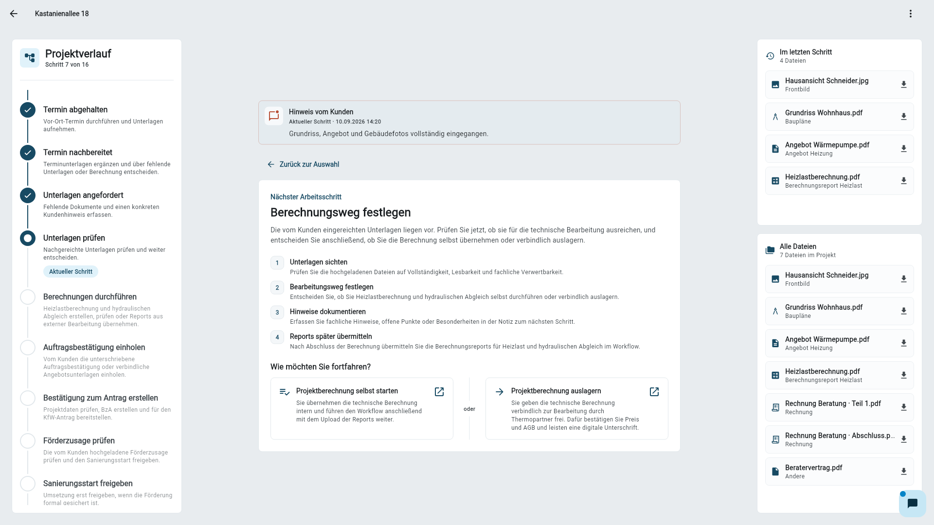 Energieberateransicht mit aktuellem Schritt im Projektworkflow